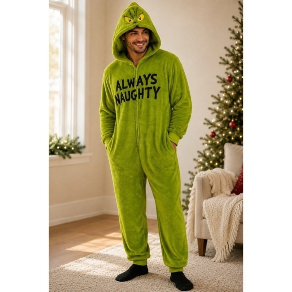 The Grinch Always Naughty Pajamas Mens M Hooded Union Suit Christmas Onesie